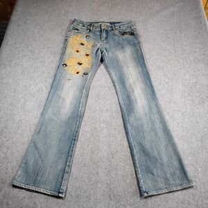 t2000 JEANS Womens XL Blue Flare Denim Embellished Floral Y2K Boho Studded Italy